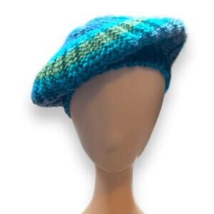 Knit Beret Hat Green Blue Tonal Shades Slouchy Multicolor Winter Cap Warm